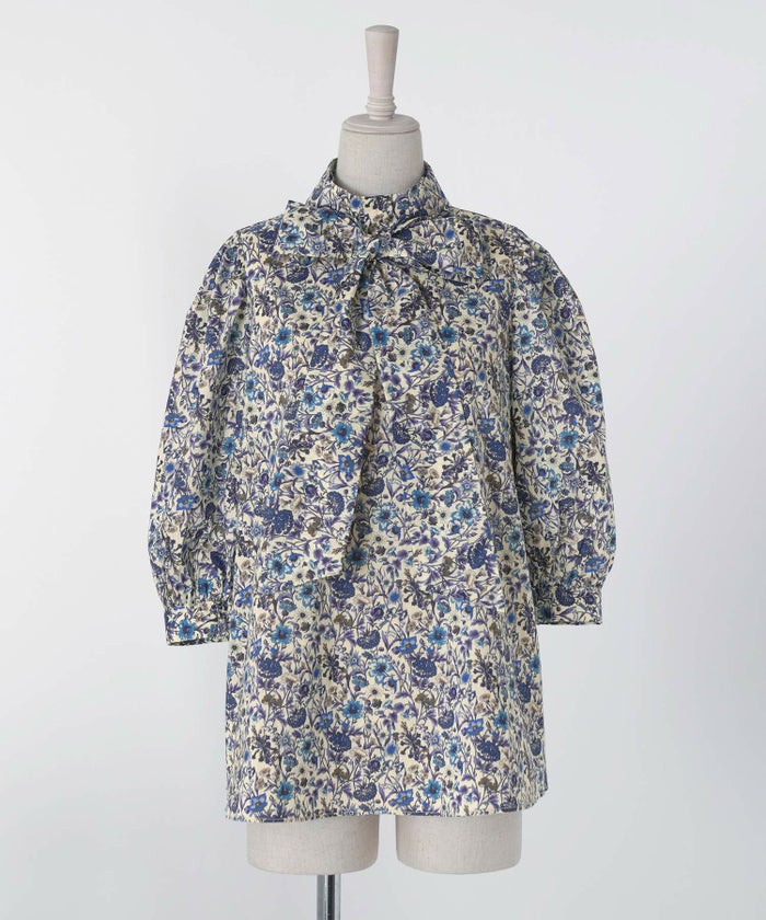 レディース/トップス/ブラウス/ボタニカル柄/リバティ/花柄/ボウタイ/リボン/2way/春/夏/6分袖/グレー/ブルー