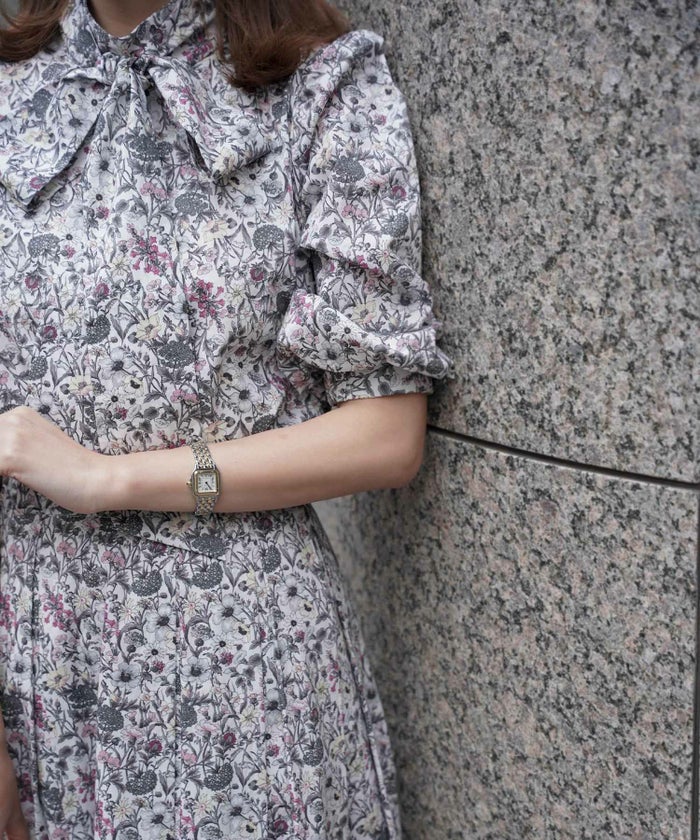 レディース/トップス/ブラウス/ボタニカル柄/リバティ/花柄/ボウタイ/リボン/2way/春/夏/6分袖/グレー/ブルー