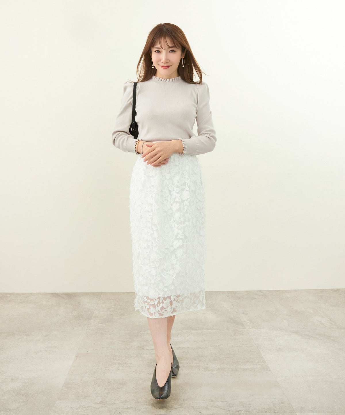 手洗い可/フリルネック/長袖/パフスリーブ/袖山ギャザー/大人/上品/可愛い