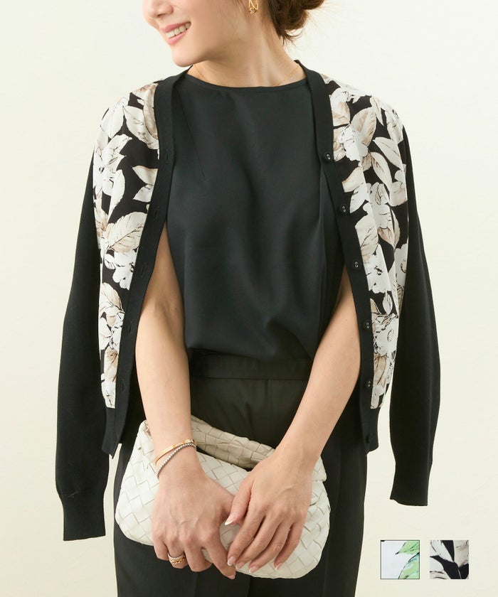 ニット トップス レディース 春 Vネック カーディガン きれいめ オフィス 白 黒 ショート シンプル 洗える フラワープリント ニット Vネック カーディガン Liala×PG