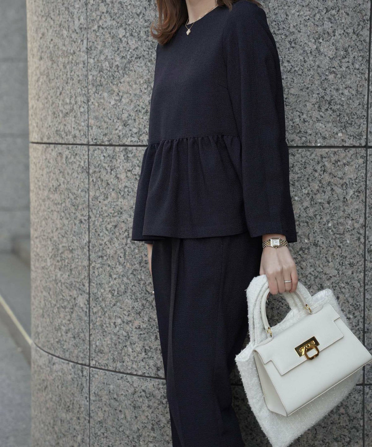 レディース/トップス/プルオーバー/ブラウス/オケージョン/ペプラム/ツイード/春/夏/秋/冬/9分袖/アイボリーミックス/ネイビーミックス