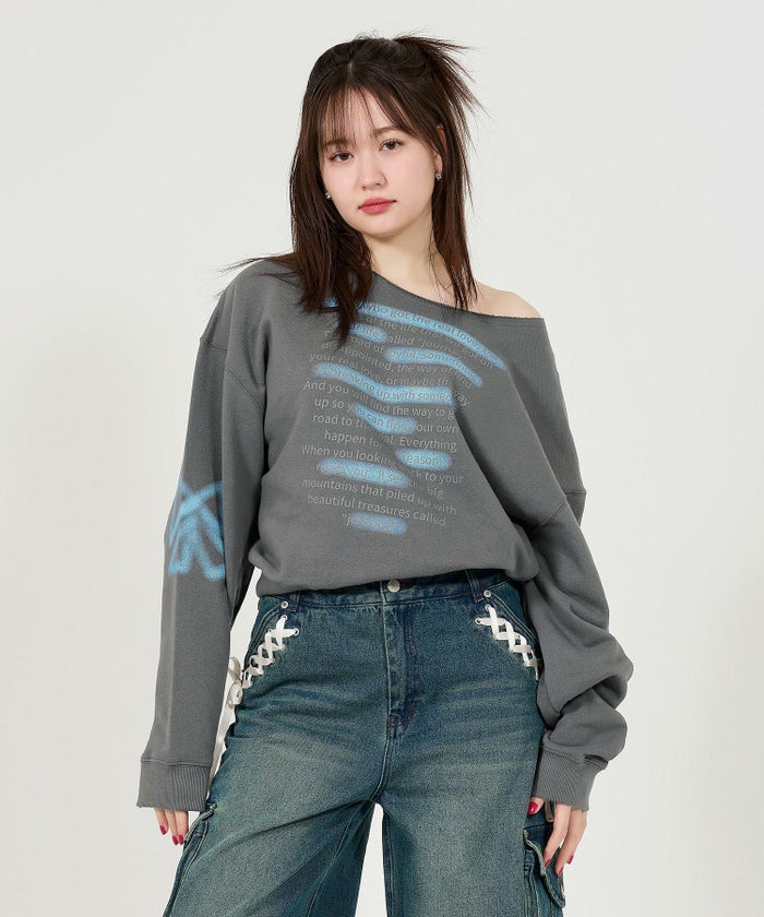 トップス/オフショル/オフショルダー/長袖/スプレーデザイン