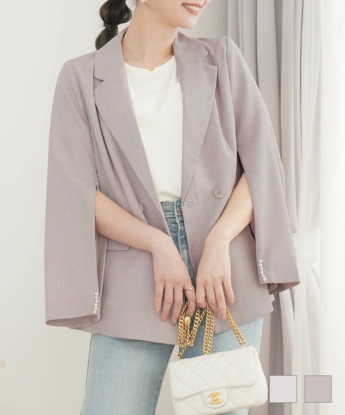 ジャケット テーラードジャケット 袖ファスナー ミドル丈 レース リネンライク 2WAY スリットスリーブ テーラード ジャケット le reve vaniller