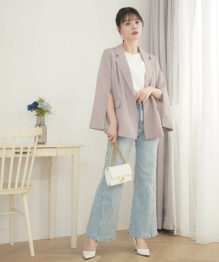 レディース/ジャケット/テーラードジャケット/羽織/袖ファスナー/ミドル丈/レース/リネンライク/麻調/長袖/シンプル/春/秋/夏/ダスティピンク/ペールラベンダー/上品/エレガント/フェミニン/セミフォーマル/フォーマル/デイリー/アフタヌーンティー/推し活/10代/20代