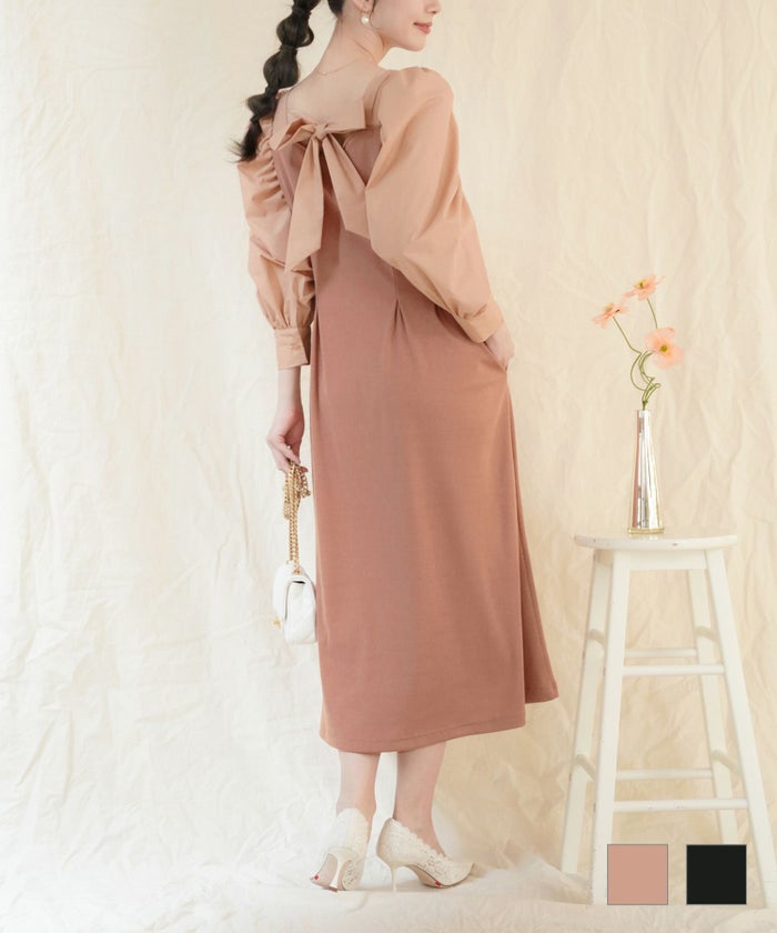 ワンピース 異素材 ドッキング 布帛 カットソー 長袖 パワショル リブカット パワショルギャザー バックリボン ワンピース le reve vaniller