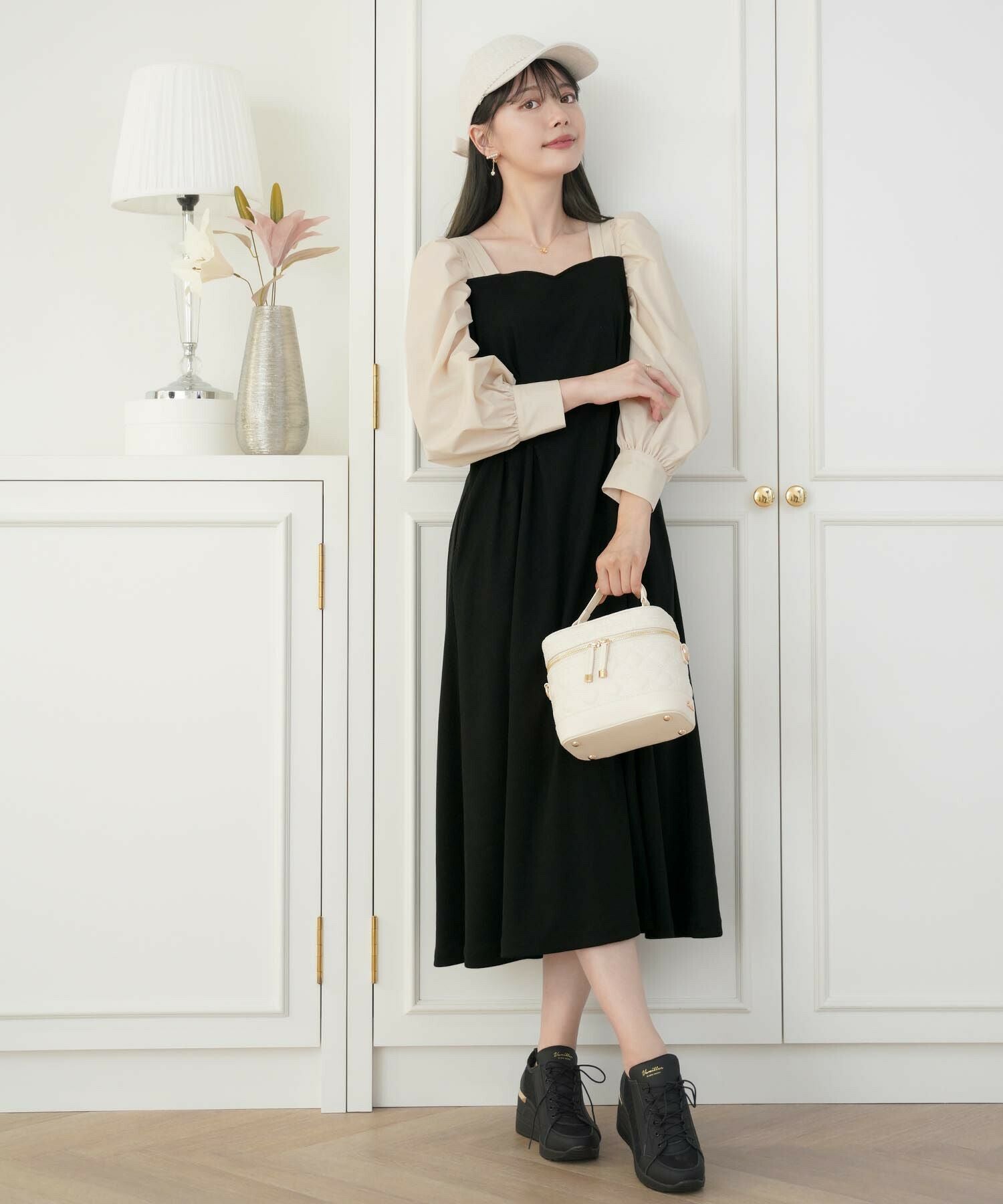 OUTLET-SALE リブカット パワショルギャザー バックリボン ワンピース
