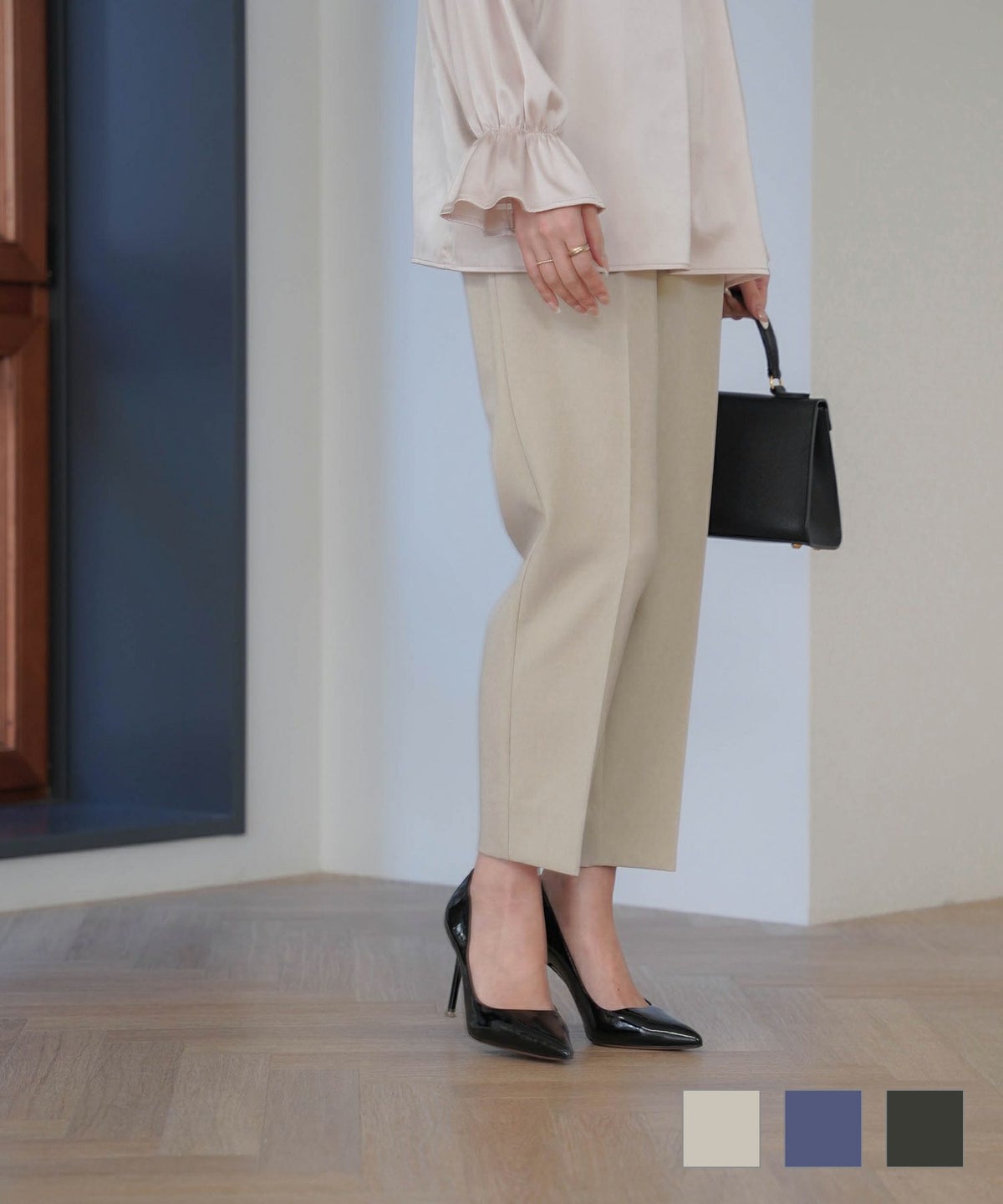 セレクト ボトムス パンツ テーパード グレージュ ブルー グレー S M セレクト ダブルクロス ストレッチ パンツ HUIT