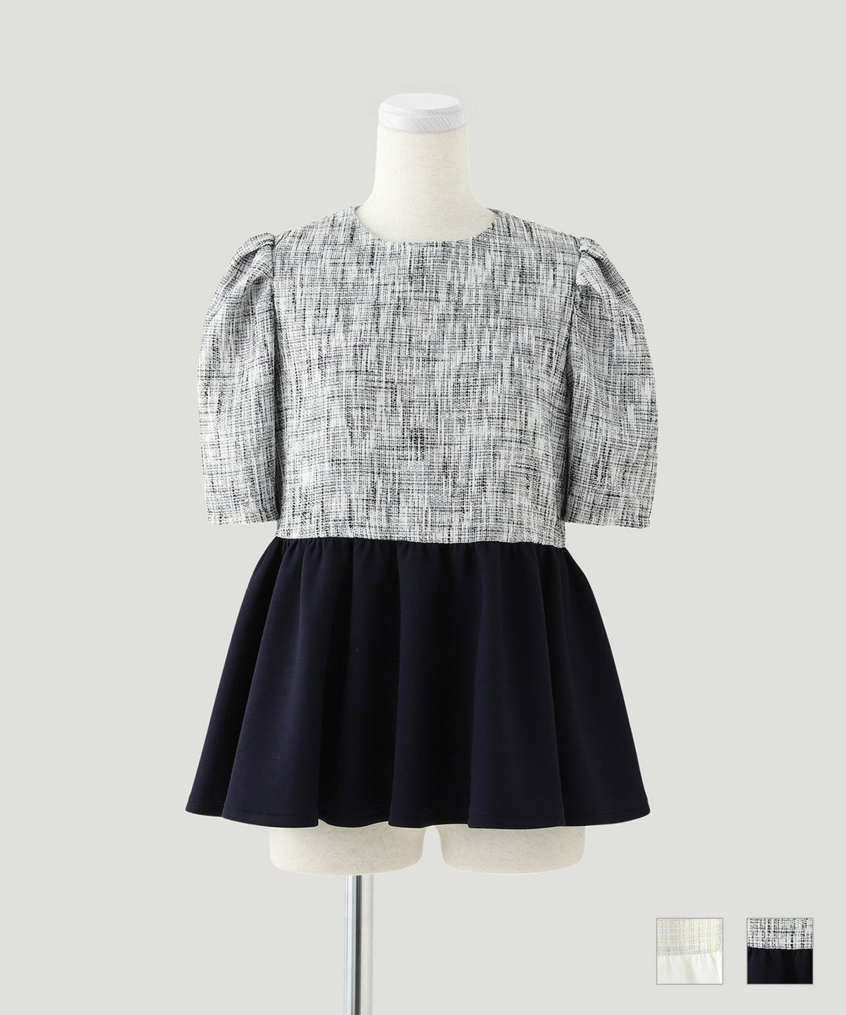 トップス 異素材コンビ ツイード ペプラム オレンジミックス ネイビーミックス M 異素材コンビ ツイード ペプラム トップス HUIT