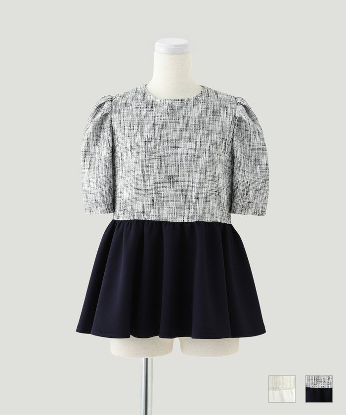 トップス 異素材コンビ ツイード ペプラム オレンジミックス ネイビーミックス M 異素材コンビ ツイード ペプラム トップス HUIT