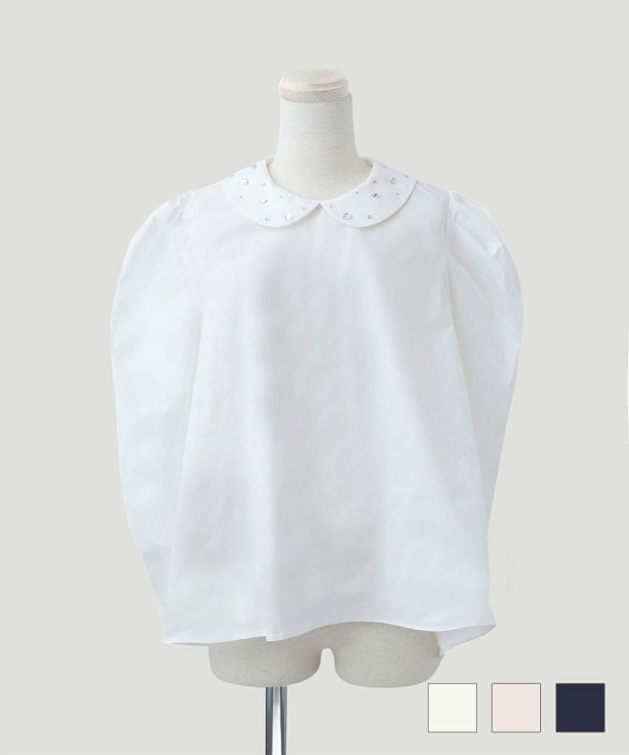 トップス ビジュー カラー パワーショルダー ブラウス ホワイト ピンク ネイビー M ビジュー カラー パワーショルダー ブラウス HUIT