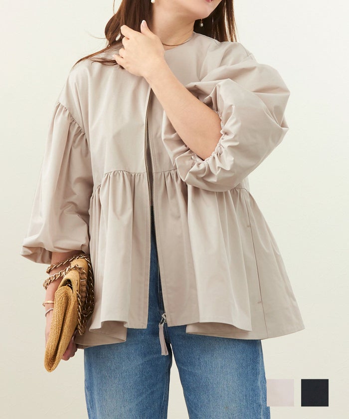 ジャケット アウター ショート丈 レディース 秋冬 春 黒 ゆったり 軽い 撥水 ジッパー付き ボタンなし 撥水加工 バルーンスリーブ ティアードフレア ジャケット Liala×PG