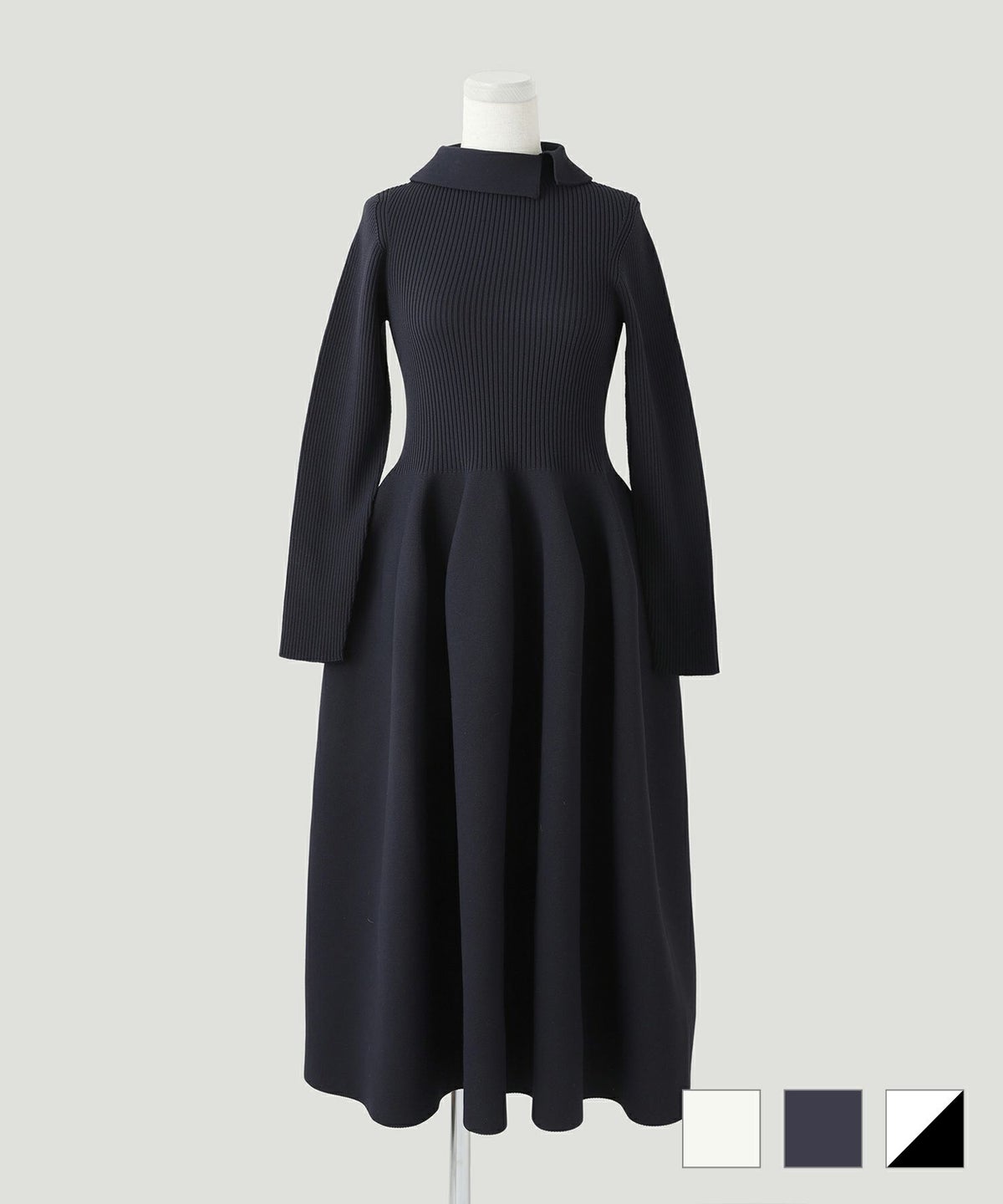 ワンピース 衿付き ホールガーメント ニット エクリュ ネイビー ブラック S M 襟付き ホールガーメント ニット ワンピース HUIT
