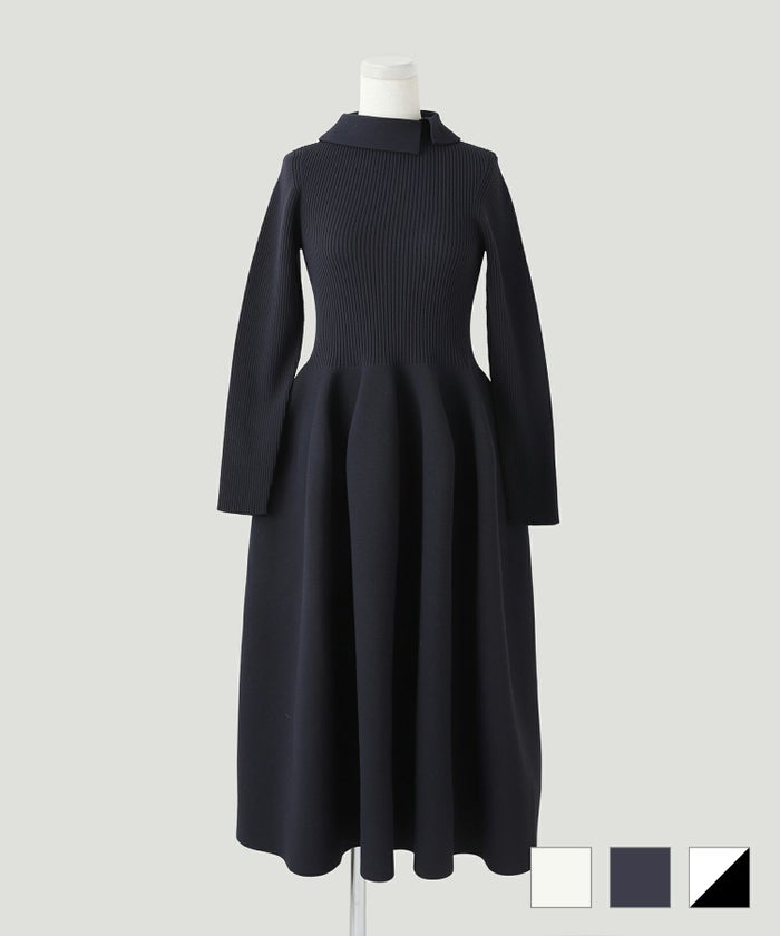 ワンピース 衿付き ホールガーメント ニット エクリュ ネイビー ブラック S M 襟付き ホールガーメント ニット ワンピース HUIT