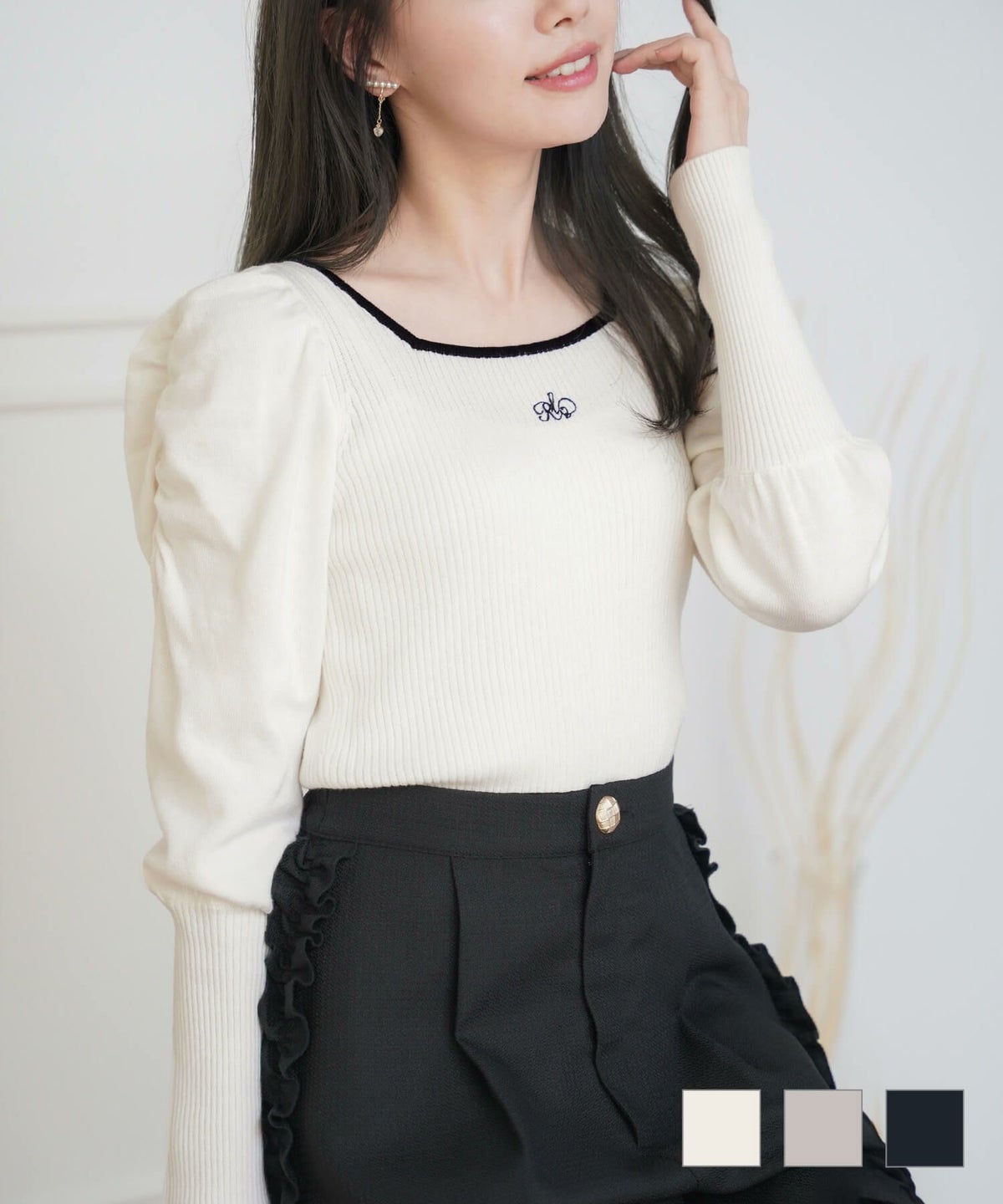 トップス ニット スクエアネック 刺繍 長袖 シンプル スクエアネック バイカラー パイピング リブニット le reve vaniller