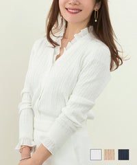ニットトップスレディースカーディガン長袖ケーブル編みオフィスきれいめかわいいおしゃれ白ジョイントスペース フリル付き ケーブル ニット カーディガン Liala×PG
