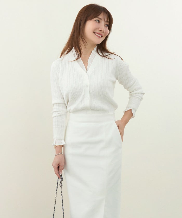 ニットトップスレディースカーディガン長袖ケーブル編みオフィスきれいめかわいいおしゃれ白ジョイントスペース