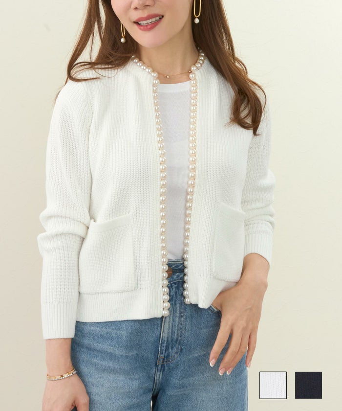 ニット トップス レディース ざっくり 畦編み カーディガン 長袖 洗える オフィス きれいめ かわいい おしゃれ  色 白 黒 ジョイントスペース 強撚綿混 片畦 パールトリム ニット カーディガン Liala×PG