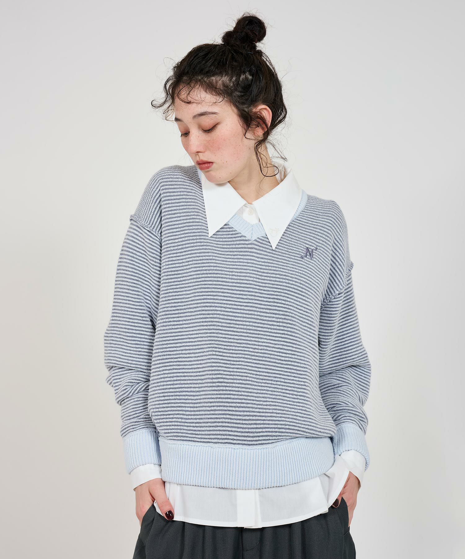 Special-Price-SALE Vネック ボーダーニットプルオーバー TINA：JOJUN