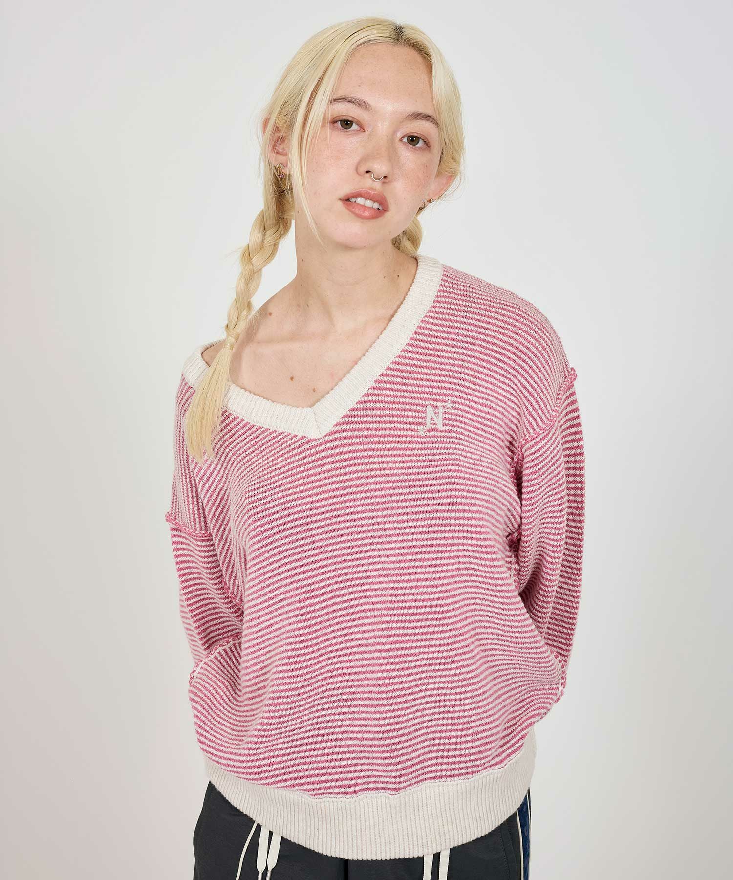 Special-Price-SALE Vネック ボーダーニットプルオーバー TINA：JOJUN