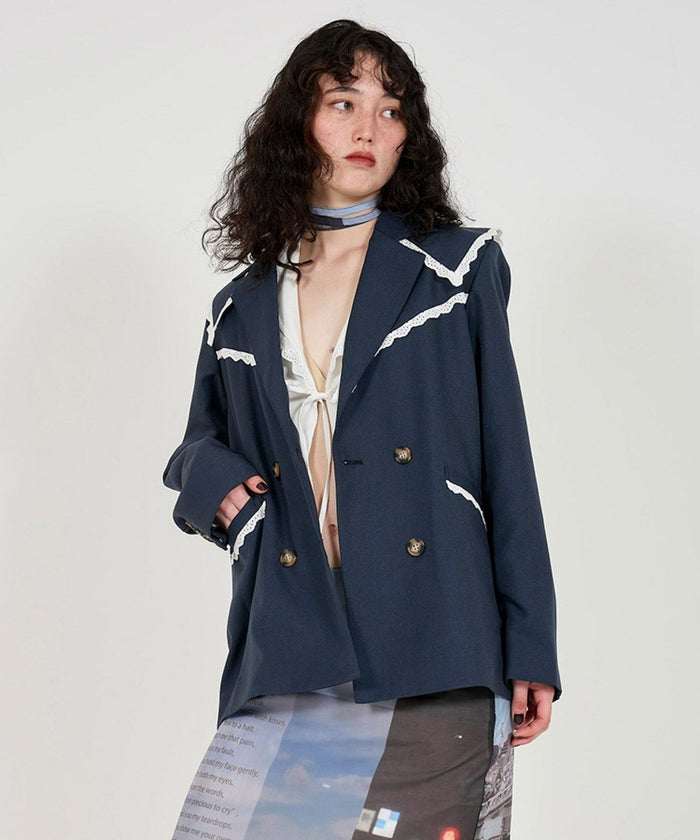 ジャケット/アウター/ダブルブレストジャケット/レース付き/春物