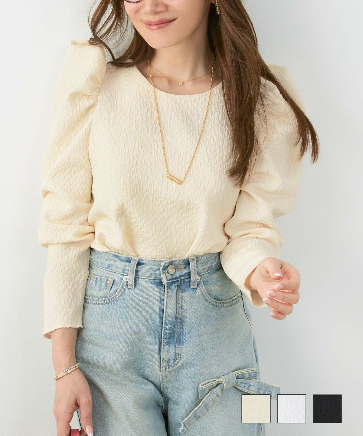 ブラウストップスレディースオフィスかわいいきれいめおしゃれ春白黒ジョイントスペース ふくれ ジャガード タックスリーブ ブラウス Liala×PG