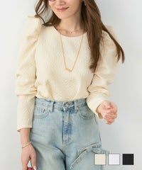 ブラウストップスレディースオフィスかわいいきれいめおしゃれ春白黒ジョイントスペース ふくれ ジャガード タックスリーブ ブラウス Liala×PG