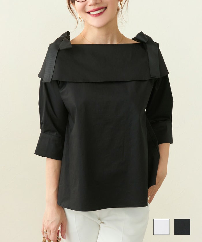 手洗い可おしゃれデザイン襟付き襟大きめ白黒黒リボントレンドビッグリボン紐リボン上品ビッグカラー オフショルダー リボン ブラウス Liala×PG