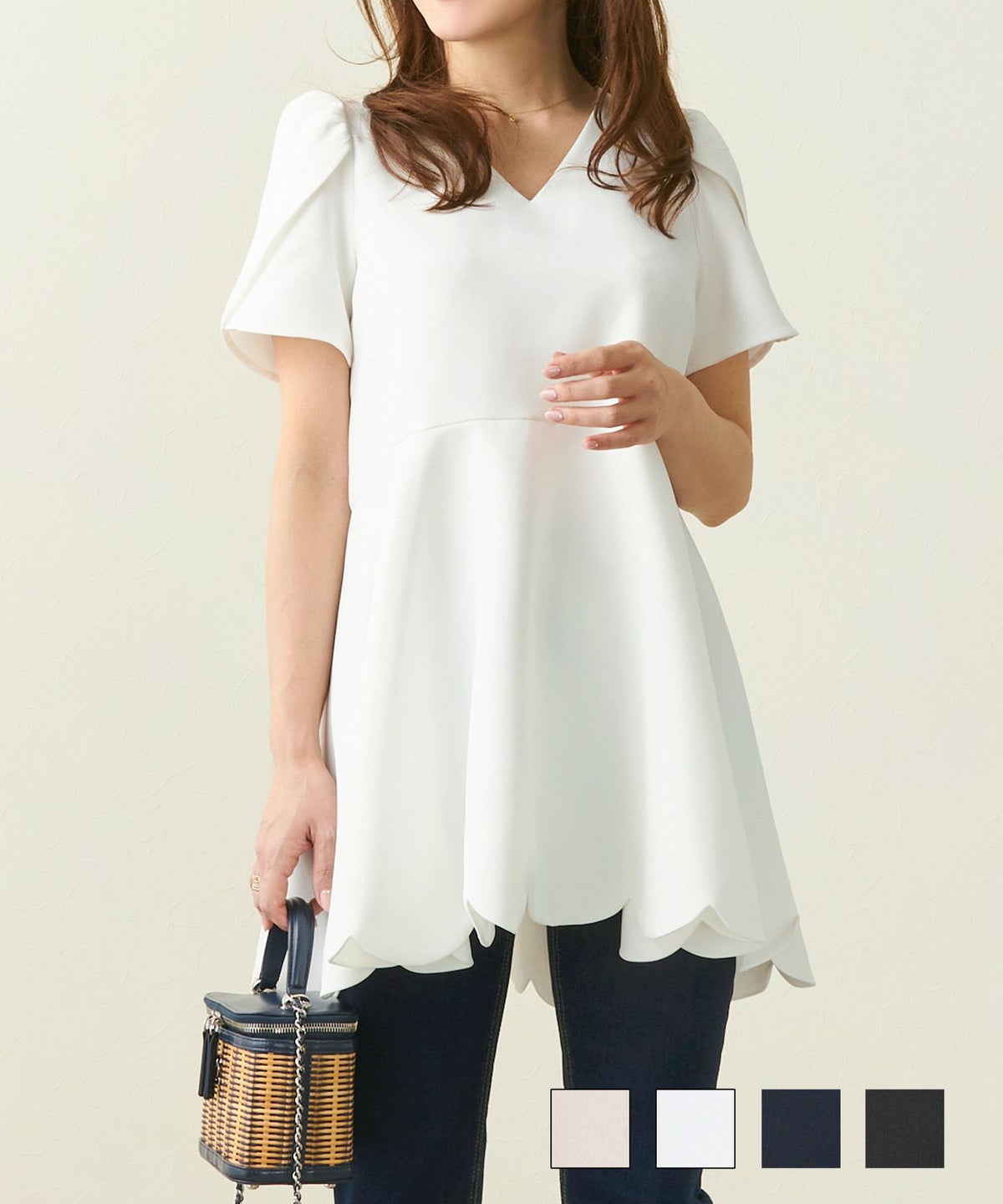 ブラウス ウォッシャブル レディース ファッション トップス おしゃれ オシャレ オフィス エレガント きれいめ 長め 白 春 ジョイントスペース スカラップ ペプラム チューリップスリーブ ブラウス Liala×PG