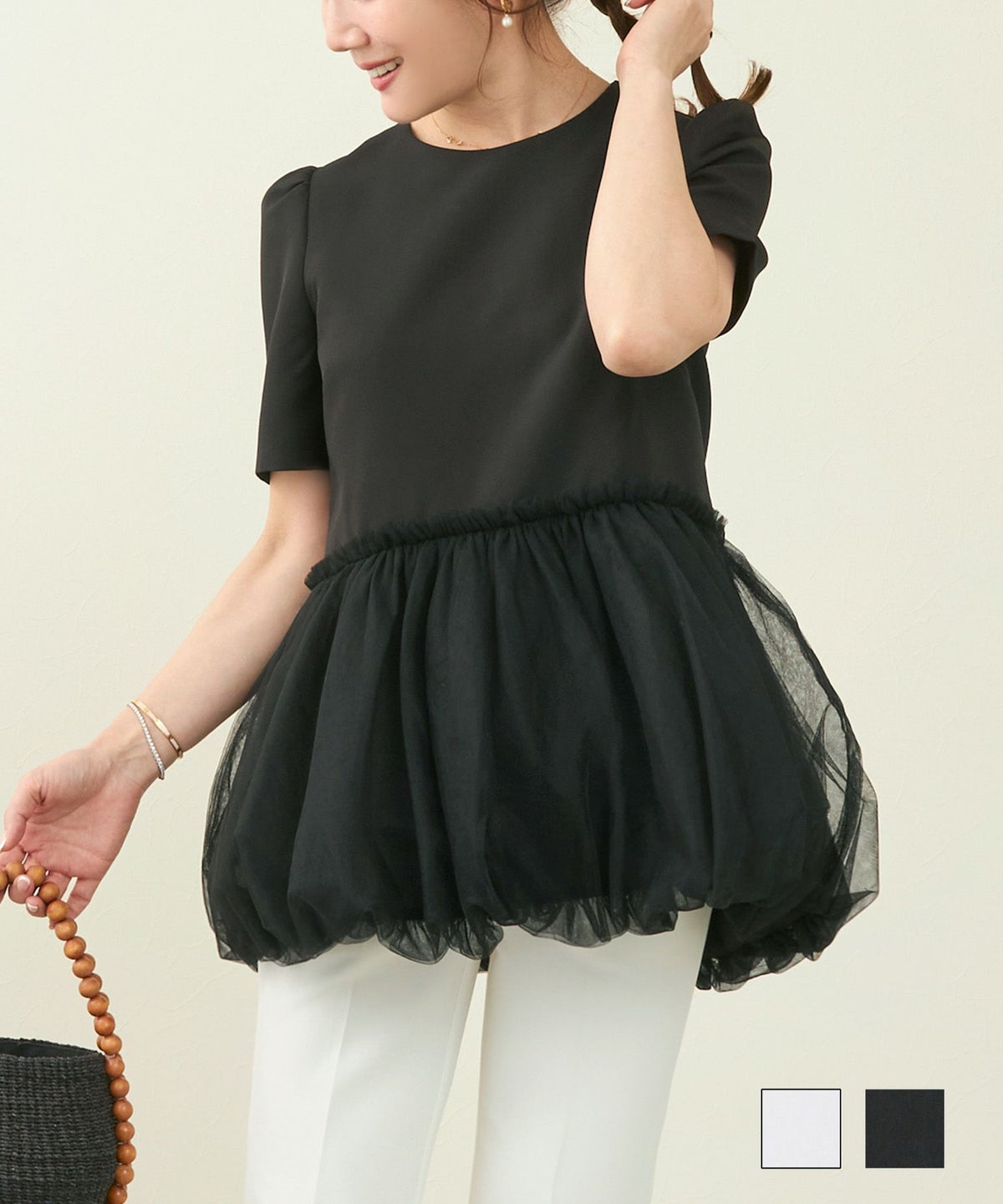 ブラウス レディース ファッション トップス おしゃれ オシャレ オフィス エレガント きれいめ 長め 白 春 ジョイントスペース チュール バルーン ブラウス 半袖 Liala×PG