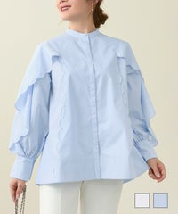 ブラウス レディース おしゃれ オシャレ オフィス シャツ 華やか コーデ 春 長袖 襟 エレガント きれいめ 黒 サックス ジョイントスペース バンドカラー スカラップ ブラウス 長袖 Liala×PG