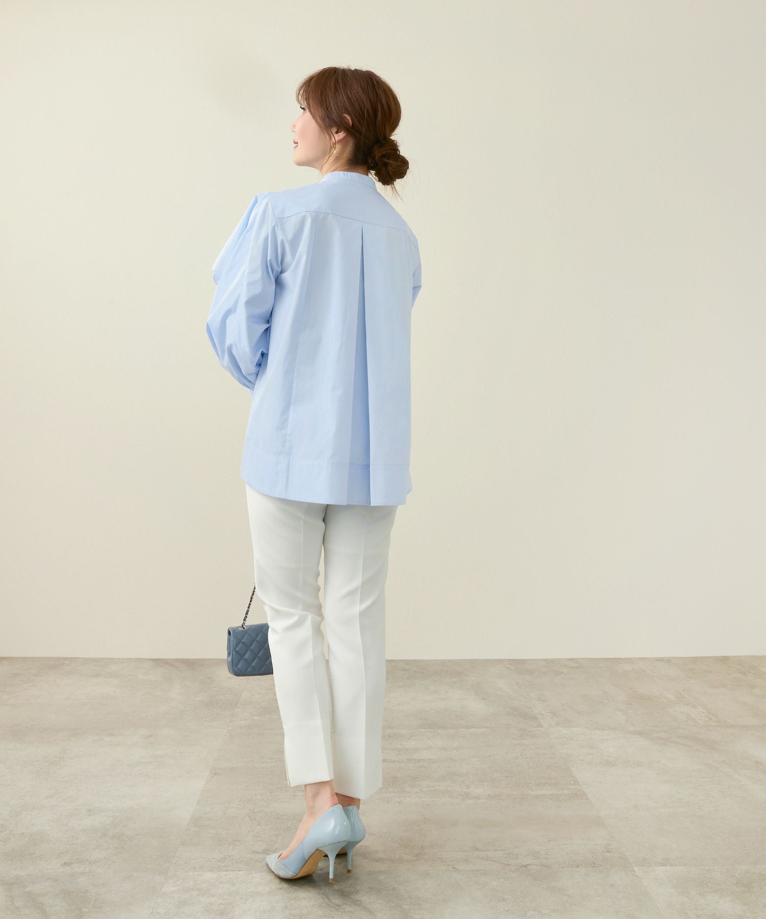 OUTLET-SALE バンドカラー スカラップ ブラウス 長袖 Liala×PG 全2色