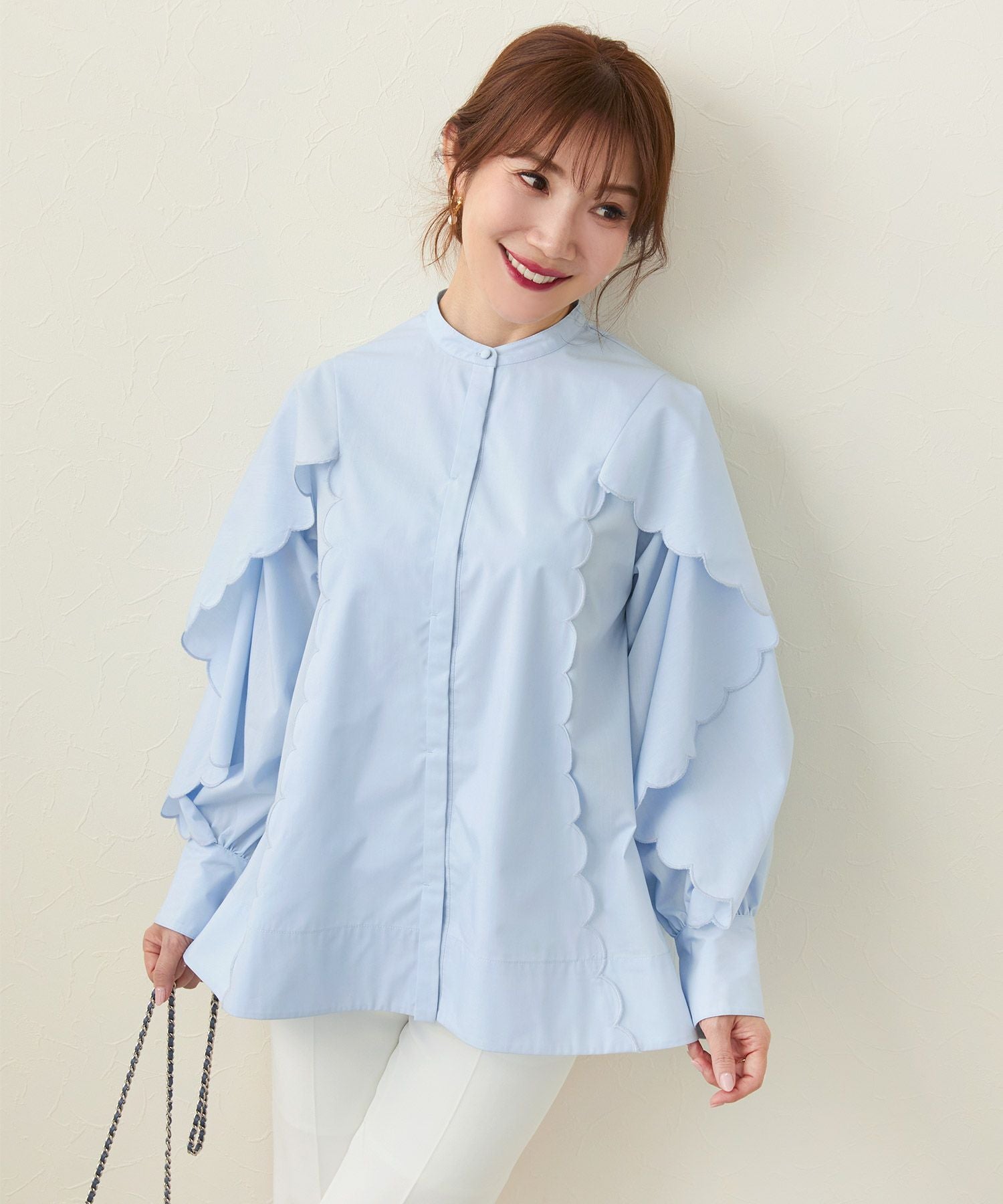 OUTLET-SALE バンドカラー スカラップ ブラウス 長袖 Liala×PG 全2色