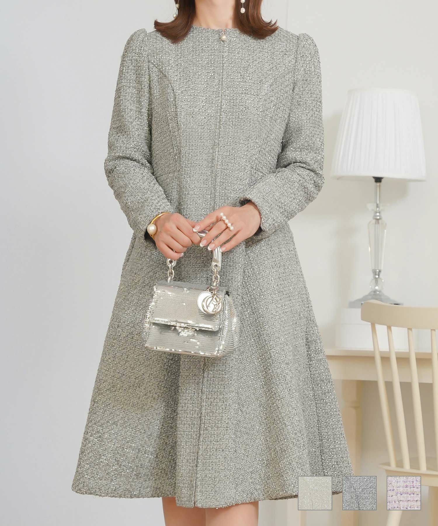 MIXツイード フロント パール ファスナー 2WAY コート ワンピース