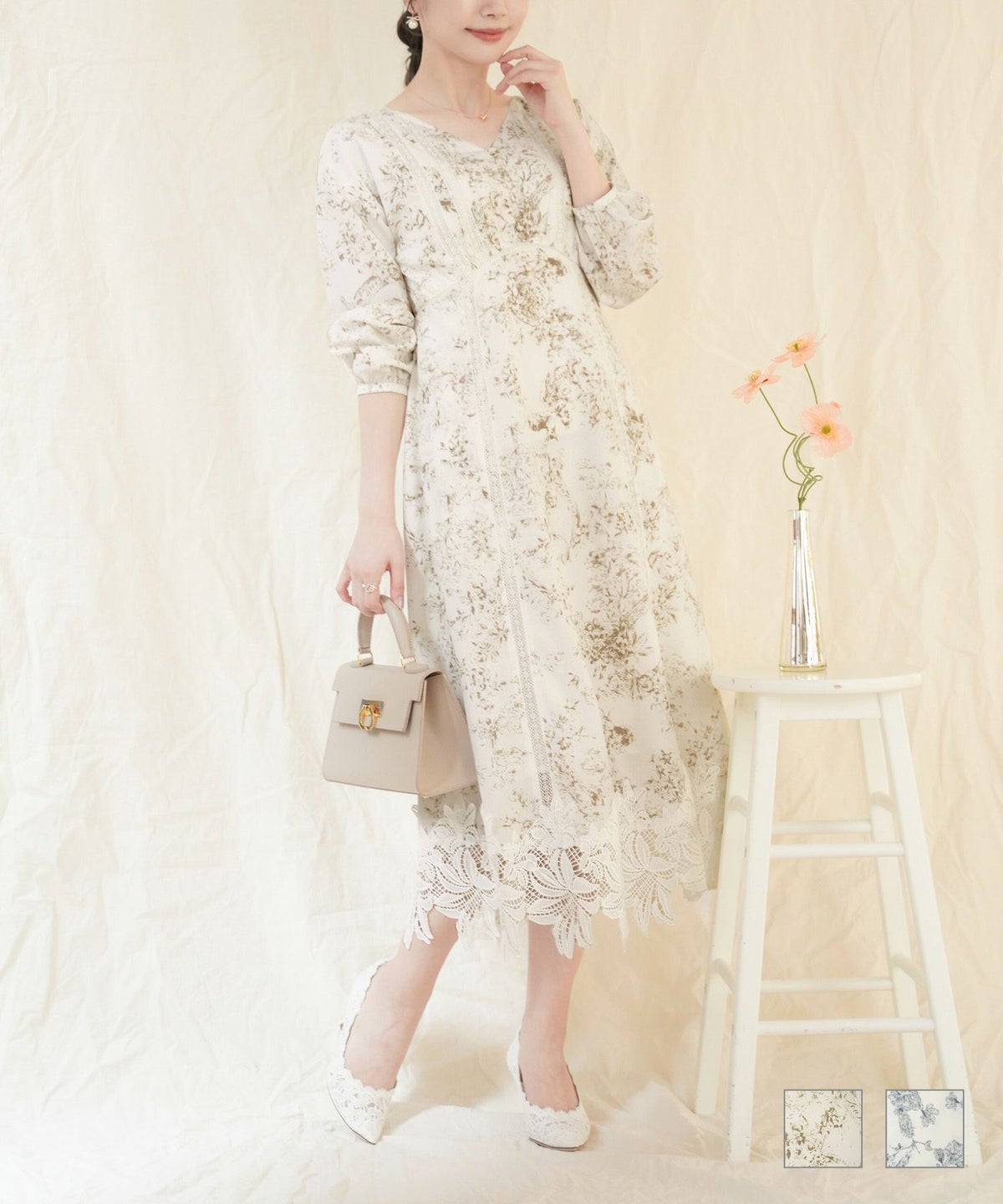 ワンピース 花柄 長袖 Vネック レース 上品 トワルドジュイ フラワーレース ワンピース le reve vaniller