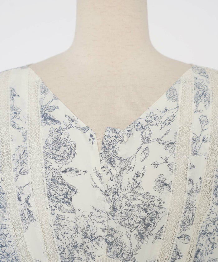 レディース/ワンピース/花柄/フラワー/長袖/Vネック/レース/上品/エレガント/ハイウエスト/春/秋/ブルー/ベージュ/クラシックブルー/ビスケット/20代/30代/アフタヌーン/ヌン活/ビュッフェ/前あき/授乳服/前ボタン