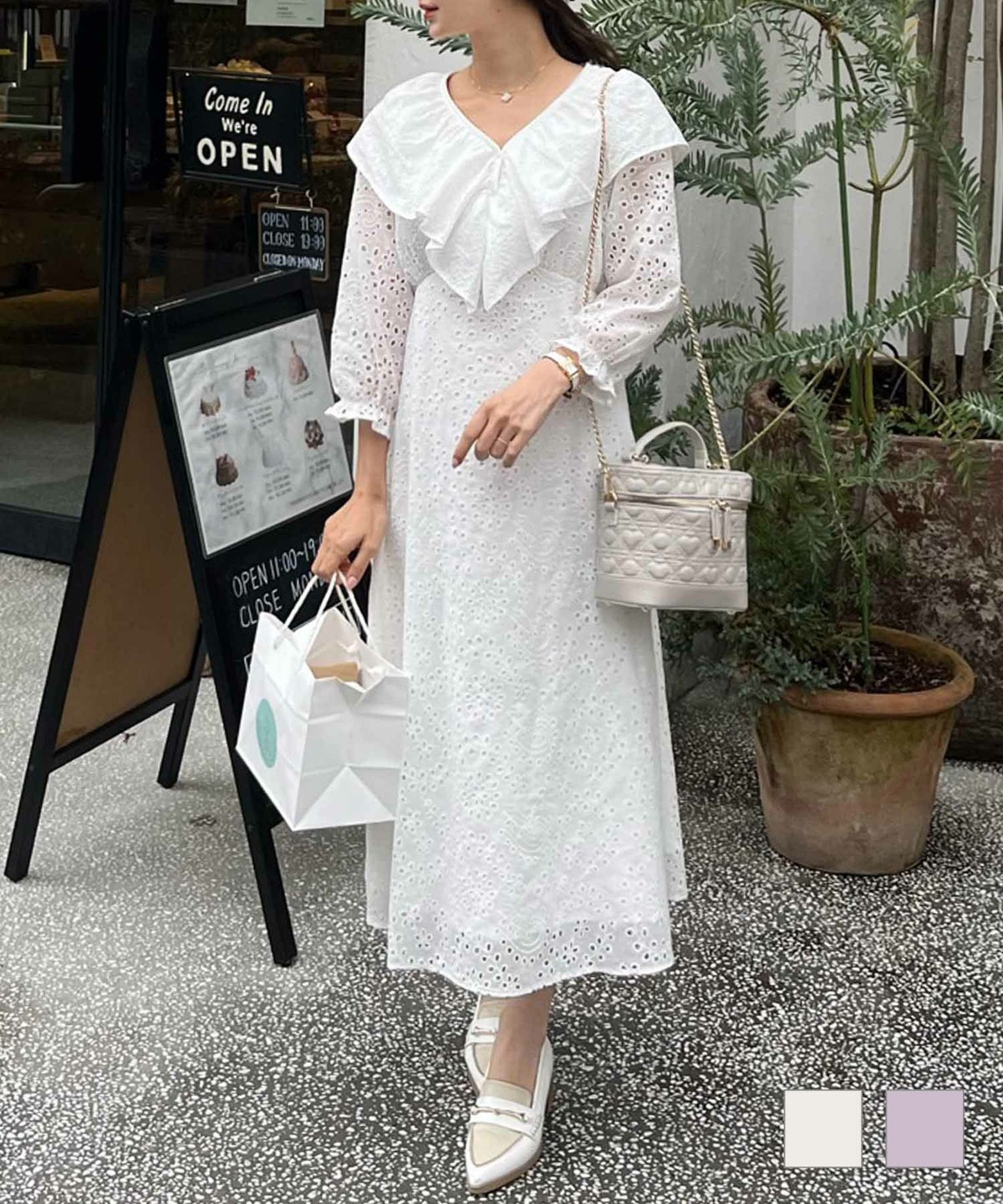 ワンピース コットンワンピース 七分袖 フリル ラッフルカラー コットン レース フリル ワンピース le reve vaniller