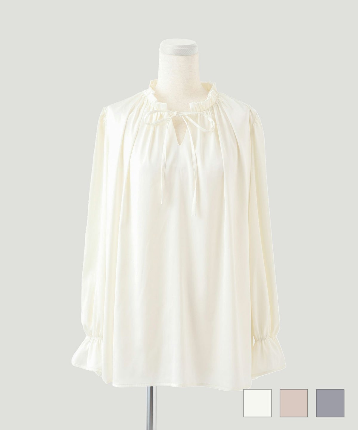 ブラウス 2way フリルネック サテン アイボリー ベージュ ブルーグレー M 2way フリルネック サテン ブラウス HUIT