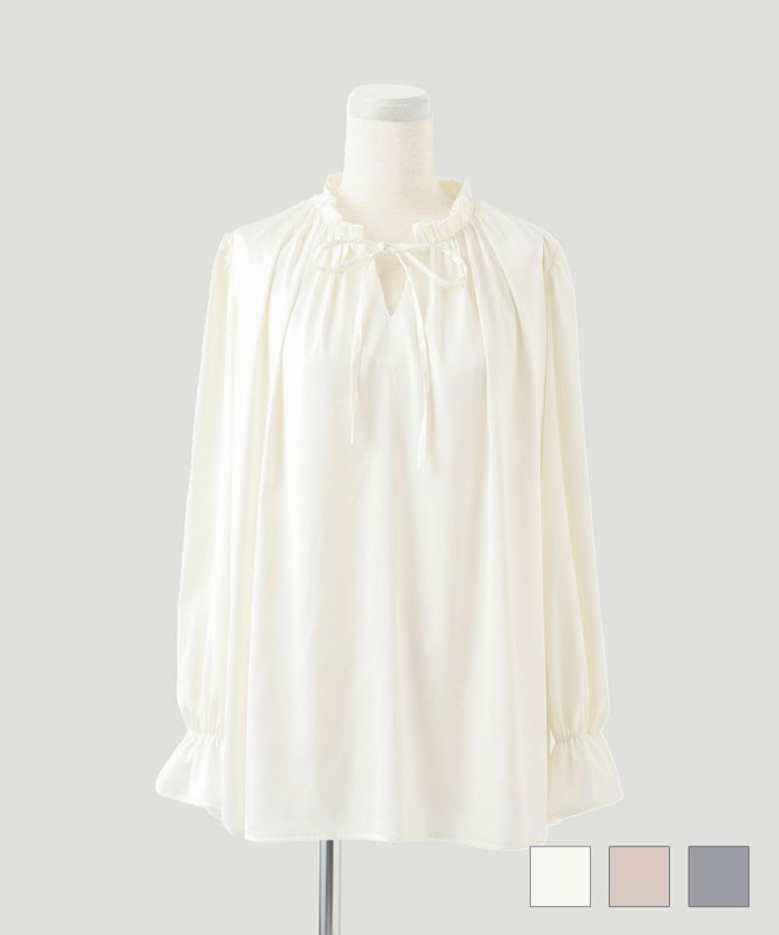 ブラウス 2way フリルネック サテン アイボリー ベージュ ブルーグレー M 2way フリルネック サテン ブラウス HUIT