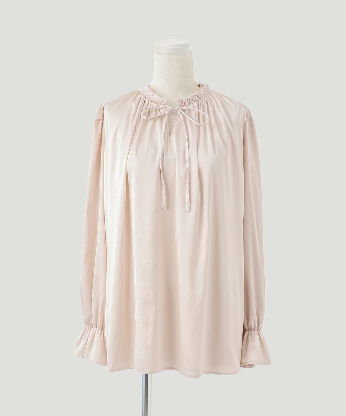 ブラウス/2way/フリルネック/サテン/アイボリー/ベージュ/ブルーグレー/M/春/秋/キャンディースリーブ/長袖