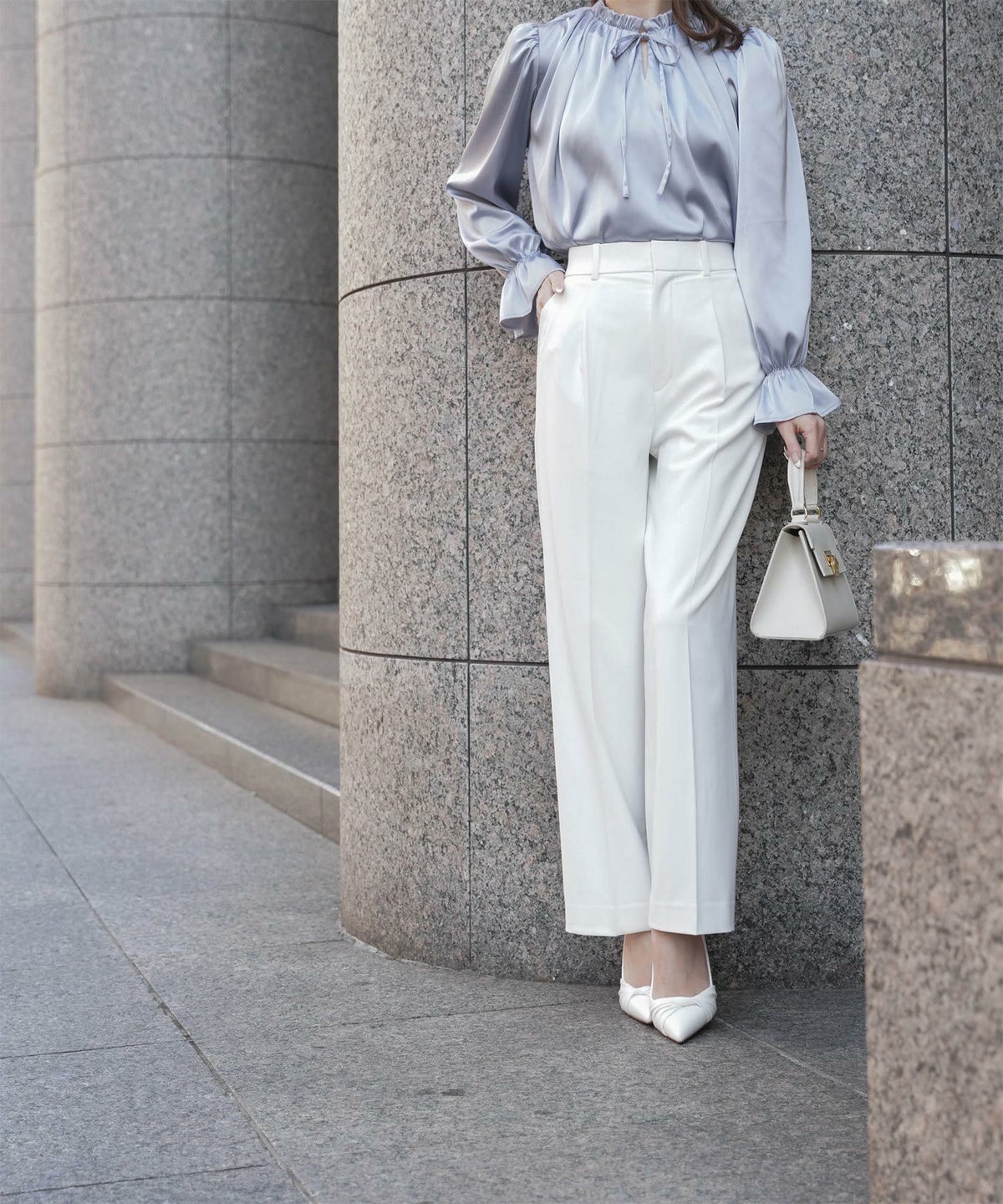 ブラウス/2way/フリルネック/サテン/アイボリー/ベージュ/ブルーグレー/M/春/秋/キャンディースリーブ/長袖