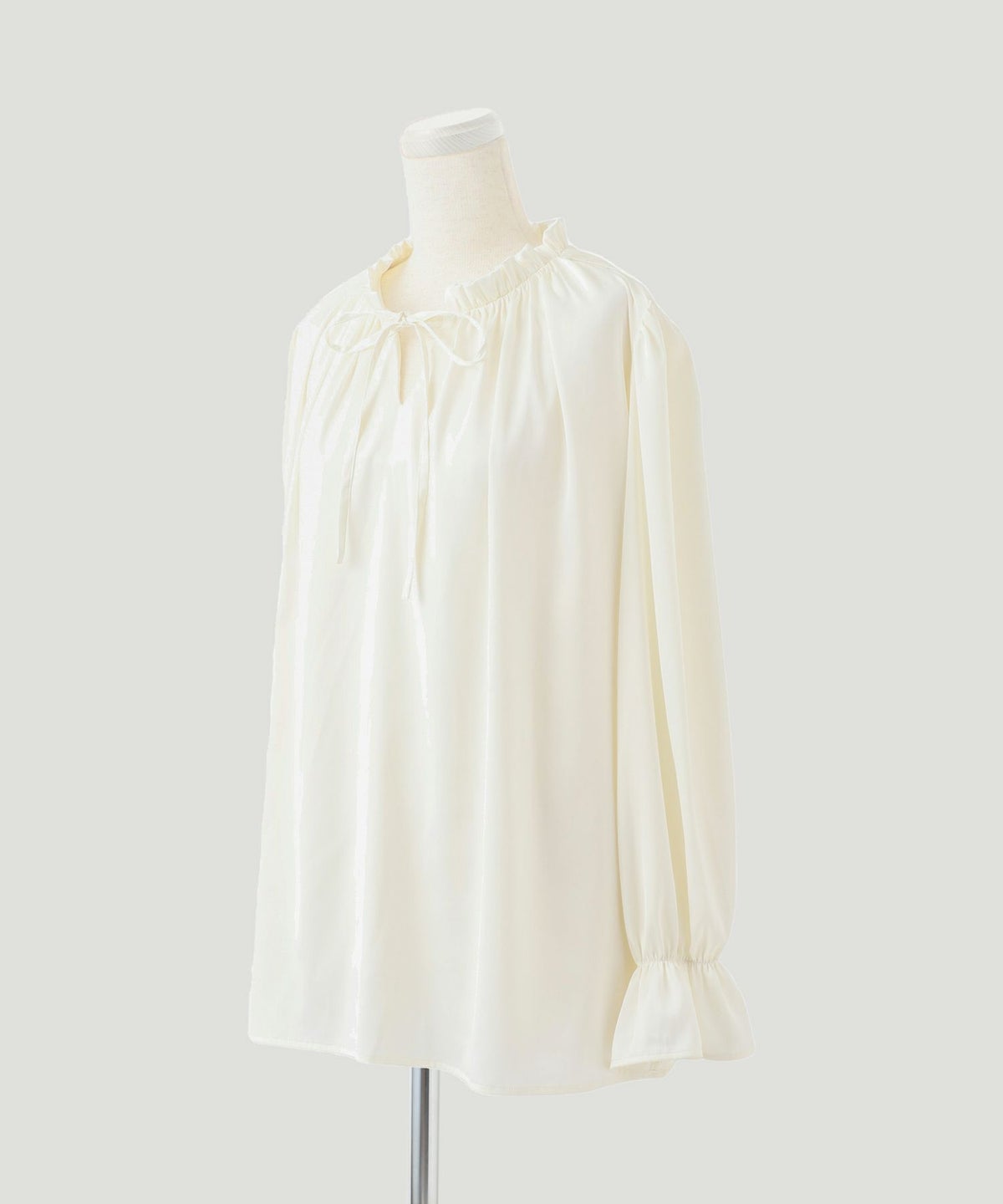 ブラウス/2way/フリルネック/サテン/アイボリー/ベージュ/ブルーグレー/M/春/秋/キャンディースリーブ/長袖