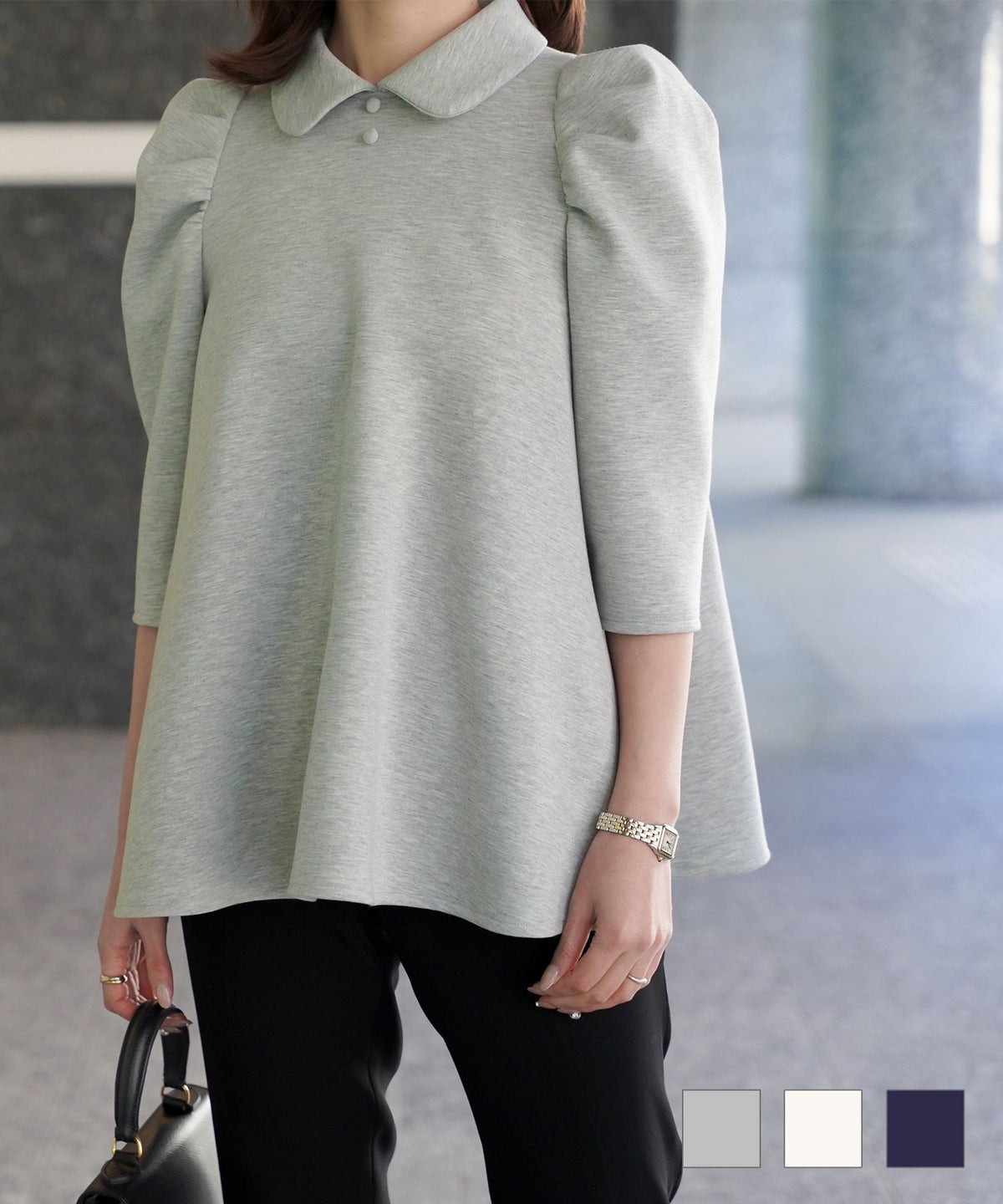 トップス 襟付き ボンディング フレア 杢グレー アイボリー ネイビー M 襟付き ボンディング フレア トップス HUIT