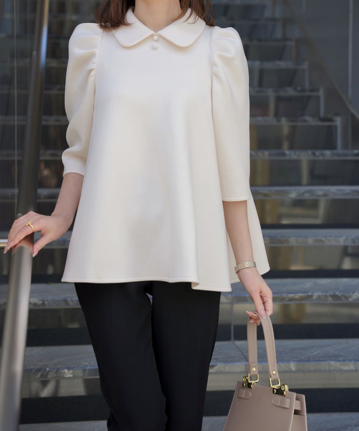 レディース/トップス/カットソー/ボンディング/襟付き/春/夏/秋/6分袖/杢グレー/アイボリー/ネイビー