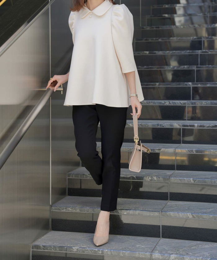 レディース/トップス/カットソー/ボンディング/襟付き/春/夏/秋/6分袖/杢グレー/アイボリー/ネイビー