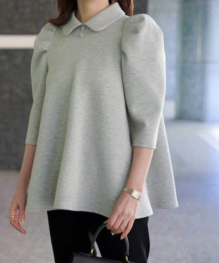 レディース/トップス/カットソー/ボンディング/襟付き/春/夏/秋/6分袖/杢グレー/アイボリー/ネイビー