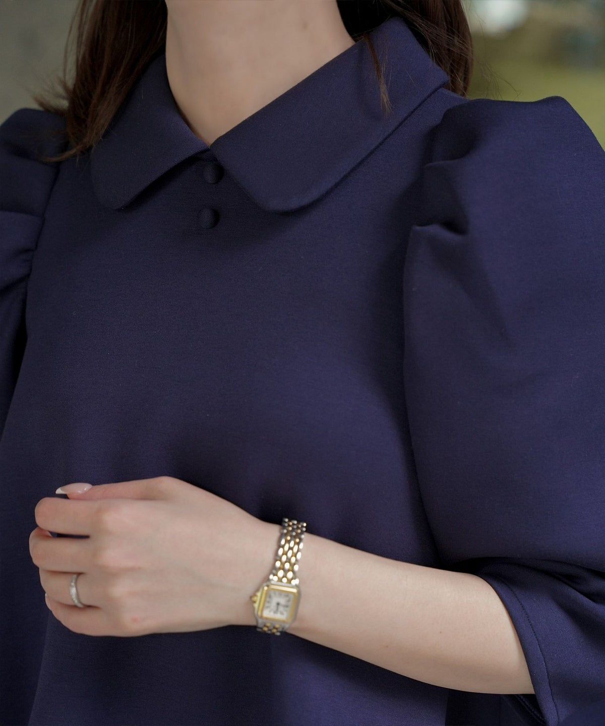 レディース/トップス/カットソー/ボンディング/襟付き/春/夏/秋/6分袖/杢グレー/アイボリー/ネイビー