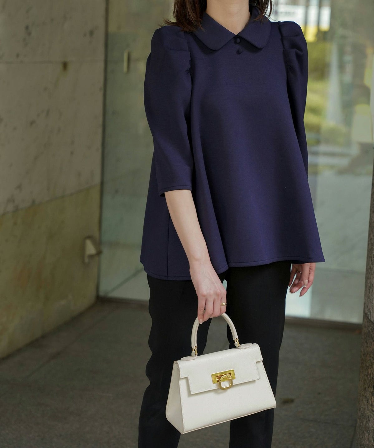 レディース/トップス/カットソー/ボンディング/襟付き/春/夏/秋/6分袖/杢グレー/アイボリー/ネイビー