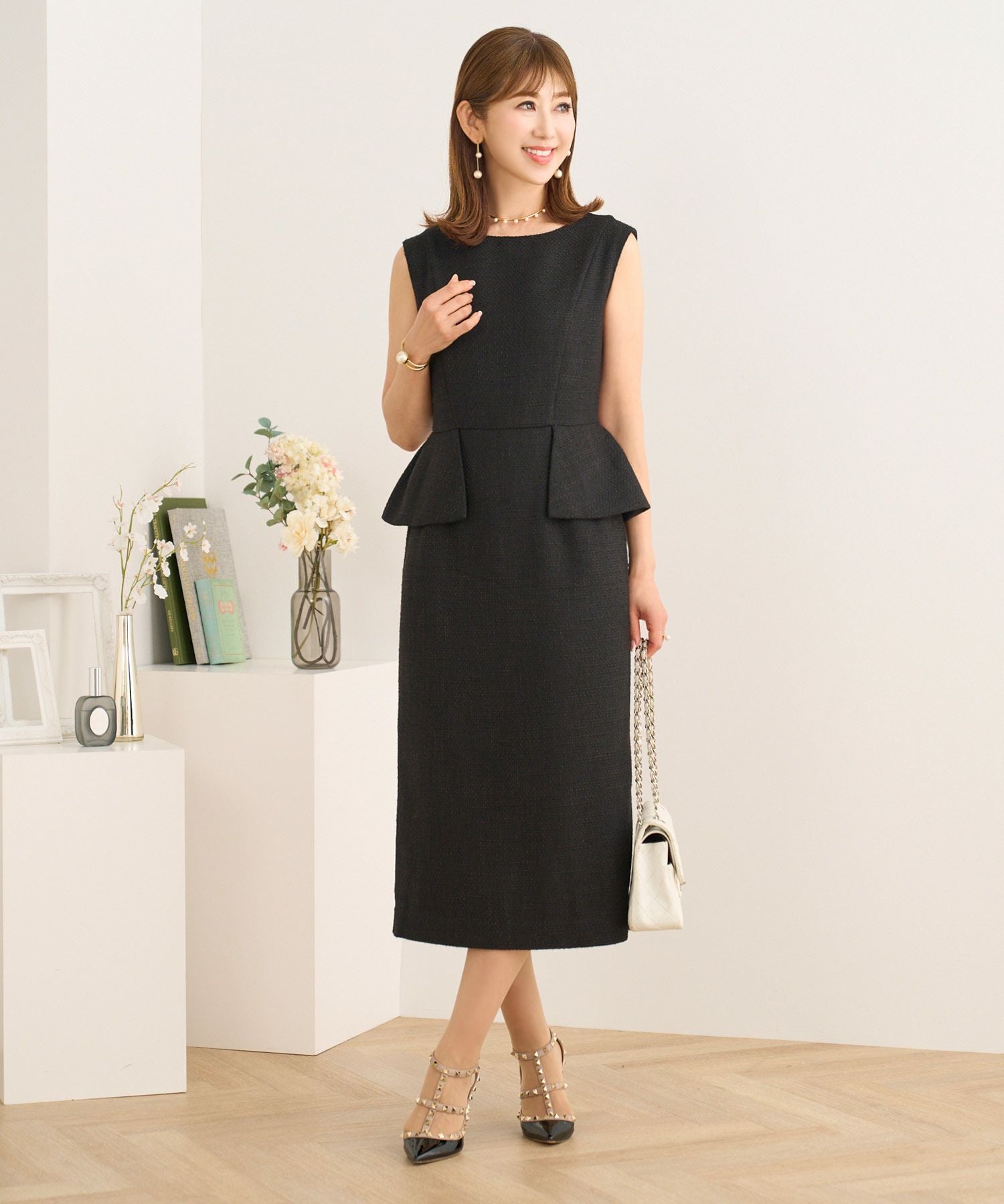 ペプラム付き アイライン ツイード ワンピース ノースリーブ Prima