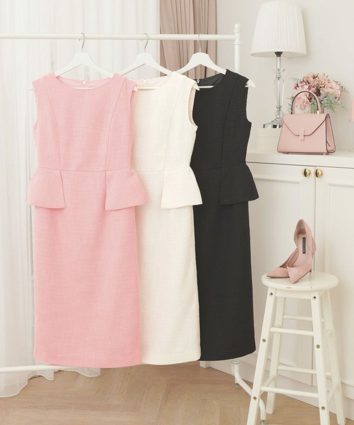 ワンピースレディースファッション服春ピンク黒白ツイード裏地付きおしゃれかわいいお呼ばれ入学式ジョイントスペース