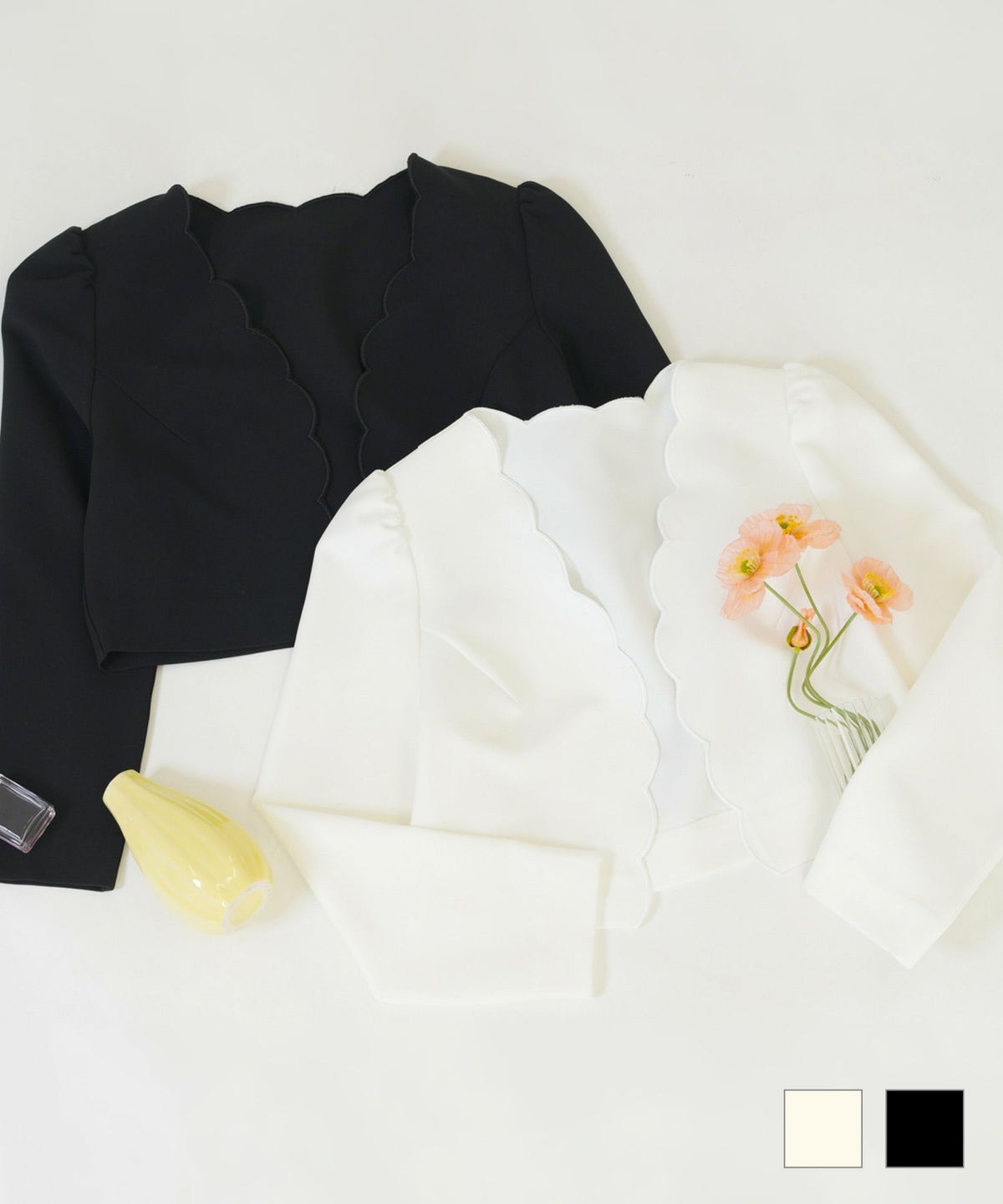 ボレロ レディース ファッション トップス おしゃれ オシャレ オフィス エレガント きれいめ 長め 白 春 ジョイントスペース スカラップ ボレロ ジャケット Prima Scherrer